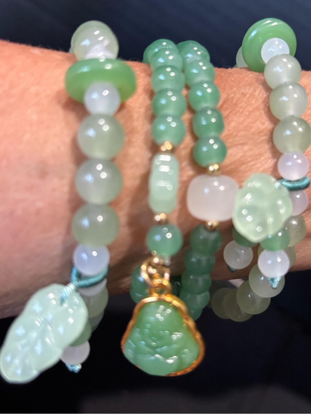 Green Jade Like Beaded Necklace with Gold Accent & Buda Leafs Charms 3pc Set